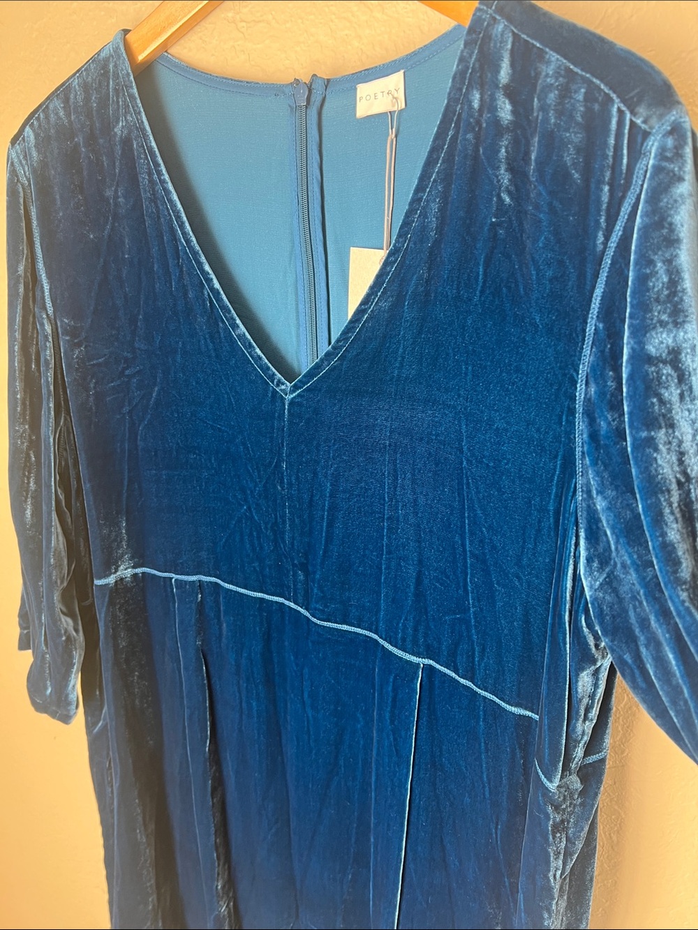 NWT poetry blue silk velvet v neck 3/4 sleeve dress - Picture 3 of 8